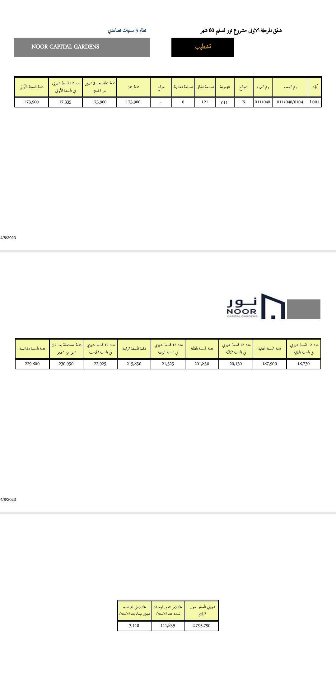 جدول-الاقساط-لشقة-121-متر--في-مدينة-نور-دار